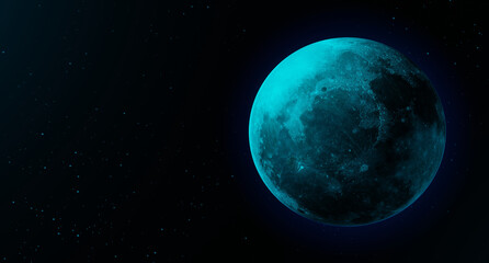 ฺBig blue moon shining with blue stars in the background. 3D rendering.