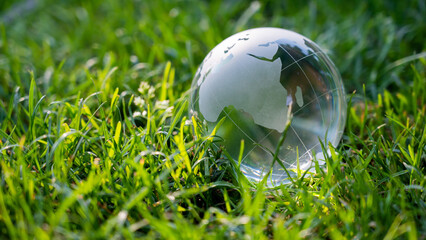 Wall Mural - Close-up of a crystal globe on a green lawn.