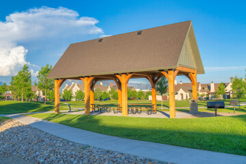small pavilion in a large park at daybreak, south jordan, utah