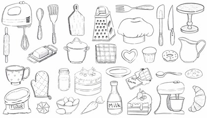 Kitchen supplies outline illustration set 