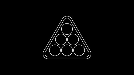 Sticker - White line Billiard balls in a rack triangle icon isolated on black background. 4K Video motion graphic animation