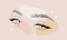 Minimalist Female Eyes On Colored Spots. Linear Women Lashes And Brows. Vector Illustration In One Line Drawing Style. Perfect For Logo.
