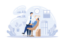 Dentist Examining Patient With Nurse Assistance. Man Visiting Dental Clinic, Sitting In Dentist Chair.  Vector Illustration For Teeth Treatment, Healthcare, Dental Care, Stomatology Concepts