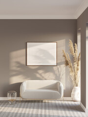 Wall Mural - Modern room with a blank horizontal poster above a white sofa with metal legs, sunbeam beige on the wall, large ears of corn in a vase by the window, a glass floor lamp, carpet on the floor. 3d render