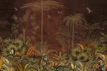 Wallpaper Jungle Tropical Forest Trees Palm Birds Vintage Red Painting Old .