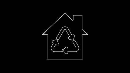 Sticker - White line Eco House with recycling symbol icon isolated on black background. Ecology home with recycle arrows. 4K Video motion graphic animation