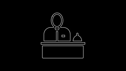 Poster - White line Receptionist standing at hotel reception desk icon isolated on black background. 4K Video motion graphic animation