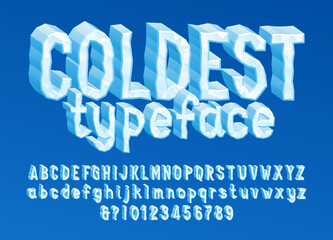 Fototapete - Coldest alphabet font. 3D cartoon ice letters, numbers and symbols. Uppercase and lowercase. Stock vector typescript for your typography design.