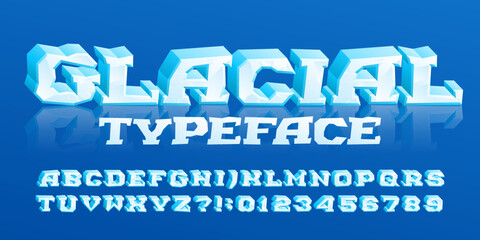 Fototapete - Glacial alphabet font. 3D cartoon ice letters, numbers and symbols. Stock vector typescript for your typography design.