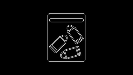 Sticker - White line Evidence bag and bullet icon isolated on black background. 4K Video motion graphic animation