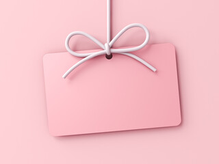 Aufkleber - Minimal pink pastel color gift card hanging with white rope bow isolated on pink pastel color background with shadow sweet love romance minimal conceptual 3D rendering