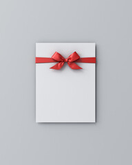 Poster - Blank white paper with red ribbon bow or gift voucher isolated on grey background with shadow minimal concept 3D rendering