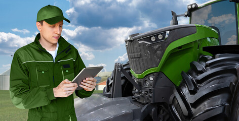 Sticker - Farmer with a digital tablet on the background of an agricultural tractor