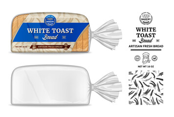 Wall Mural - Vector bread packaging and horizontal label design. Transparent plastic bag packaging mockup