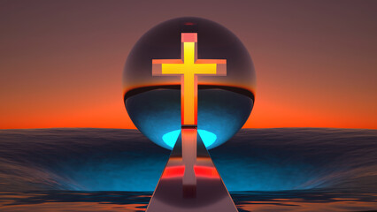 sphere with a christian cross over a hole in the sea