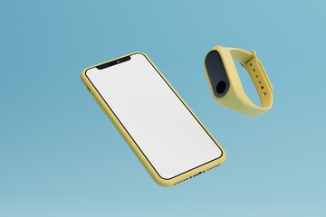 Poster - modern technologies. a fitness bracelet connected to a smartphone measures the pulse and the number of steps. smartphone and a smart bracelet on a blue background. 3d render. 3d illustration