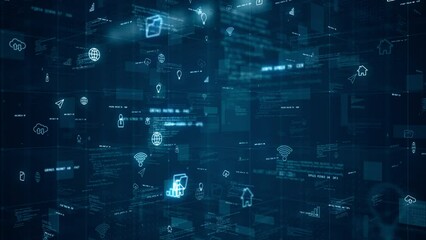 Motion graphic of Blue digital cyberspace and technology icon with program code levitation on futuristic technology abstract background concept