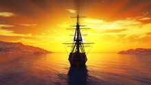 Old Ship Sunset At Sea 3d Rendering