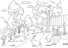 Rabbit In Garden Graphic Black White Sketch Landscape Illustration Vector
