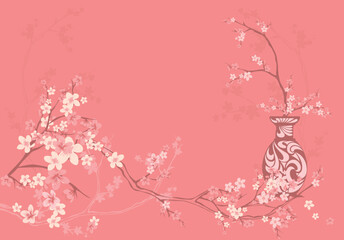 Wall Mural - blooming spring season sakura tree and ceramic vase with cherry blossom branches arrangement  vector copy space background