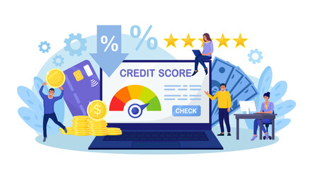 Credit score, rating. People examining client creditworthiness report with credit history . Bank analysts evaluating ability of prospective debtor to pay debt. Payment history data meter. Loan mortage