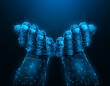 Open hands palms raised up, hand gesture polygonal vector illustration on a dark blue background. Hands holding or giving something. Pray or begging concept artwork.