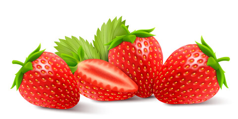 Wall Mural - fresh juicy strawberries. sweet berries. 3d vector icons set. realistic illustration, isolated on wh