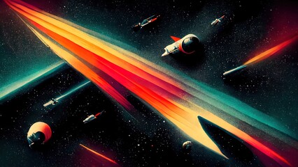 Wall Mural - Retro futuristic, space wallpaper. 4K vintage background, colorful vintage abstract galaxy illustration. Colorful planets, spaceships flying through the galaxy. 