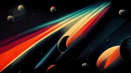 Wall Mural - retro futuristic, space wallpaper. 4k vintage background, colorful vintage abstract galaxy illustrat