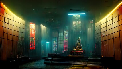 Wall Mural - cyberpunk temple, japanese abstract illustration, futuristic city, dystoptic artwork at night, 4k wa