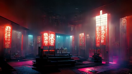 Wall Mural - cyberpunk temple, japanese abstract illustration, futuristic city, dystoptic artwork at night, 4k wa
