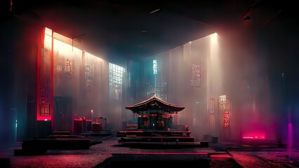 Wall Mural - cyberpunk temple, japanese abstract illustration, futuristic city, dystoptic artwork at night, 4k wa