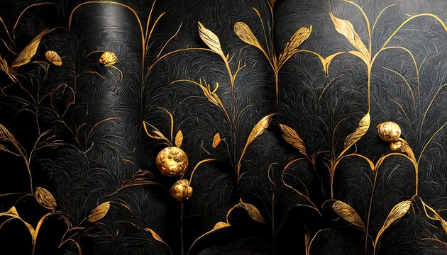 Wall Mural -  - Black and gold, luxury background, floral shapes, black silk texture with golden motifs, 4k abstract luxurious design, 3D render, 3D illustration