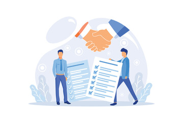 Wall Mural - Business people sign contract concept. Characters checking agreement. Corporate document data protection, terms and conditions and privacy policy concept.