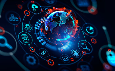 Poster - Earth sphere and digital hud with icons, metaverse and global connection