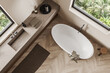Top view of light bathroom interior with sink and tub, panoramic window