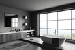 © ImageFlow - Grey bathroom interior with sink and tub near panoramic window