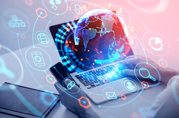 Poster - Businessman working laptop and smartphone, earth globe hud and digital icons