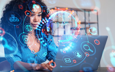 Poster - African businesswoman working with laptop, earth globe and hud with glowing icons