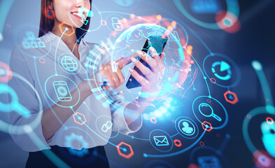 Poster - Businesswoman finger touch smartphone, earth sphere hud icons and digital hologram