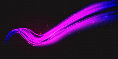 Wall Mural - Luminous neon shape wave, abstract light effect vector illustration. Wavy glowing purple violet bright flowing curve lines, magic glow energy motion particle isolated transparent black background.