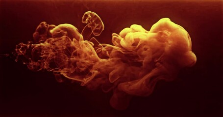 Wall Mural - Ink water drop. Fluid splash. Logo reveal effect. Orange golden color paint flow motion on dark mist cloud glow abstract background shot on RED Cinema camera.