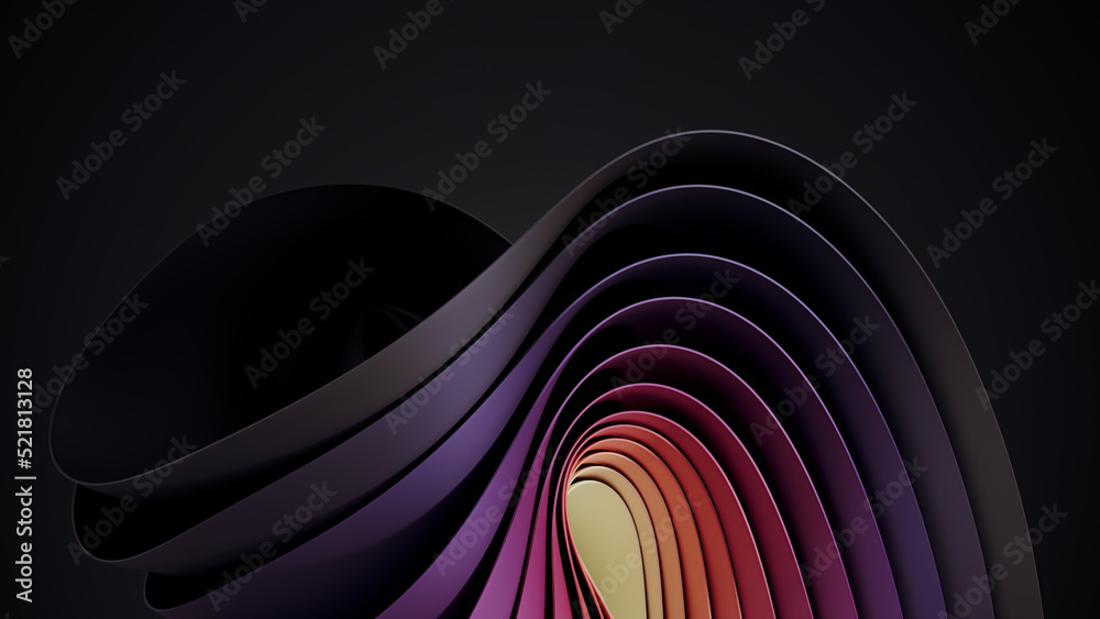 Dark and colorful wavy abstraction shape on black background. 3D ...