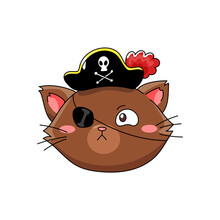 Halloween Cat Head In Funny Pirate Costume Vector Illustration. Clipart For Holiday Stickers, Kids Print, Decoration Parties.