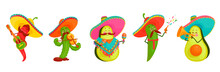 Funny Character For Mexican National Holiday Cinco De Mayo.Chili Pepper,avocado,cactus Playing Guitar,maracas,violin.Cartoon Vector Graphic.