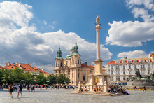 Old Town Square With Church Of St. Nicholas And Marian Column, Prague, Czech Republic