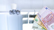 Euro banknotes and heating radiator. EU finances concept.