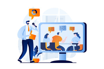 Poster - Finding solution concept with people scene in flat cartoon design. Man analyzes data and studies information about clients, works in team with colleagues. Illustration visual story for web