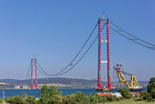 Construction Of 1915 Canakkale Bridge On Dardanelles Strait In Turkey.