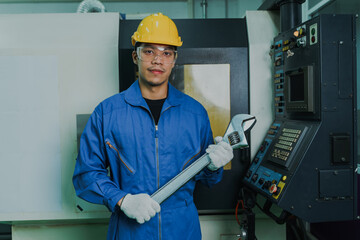 Asian Industry engineering wear safety uniform and glove hold wrench standing on control operating machine work in industry factory.